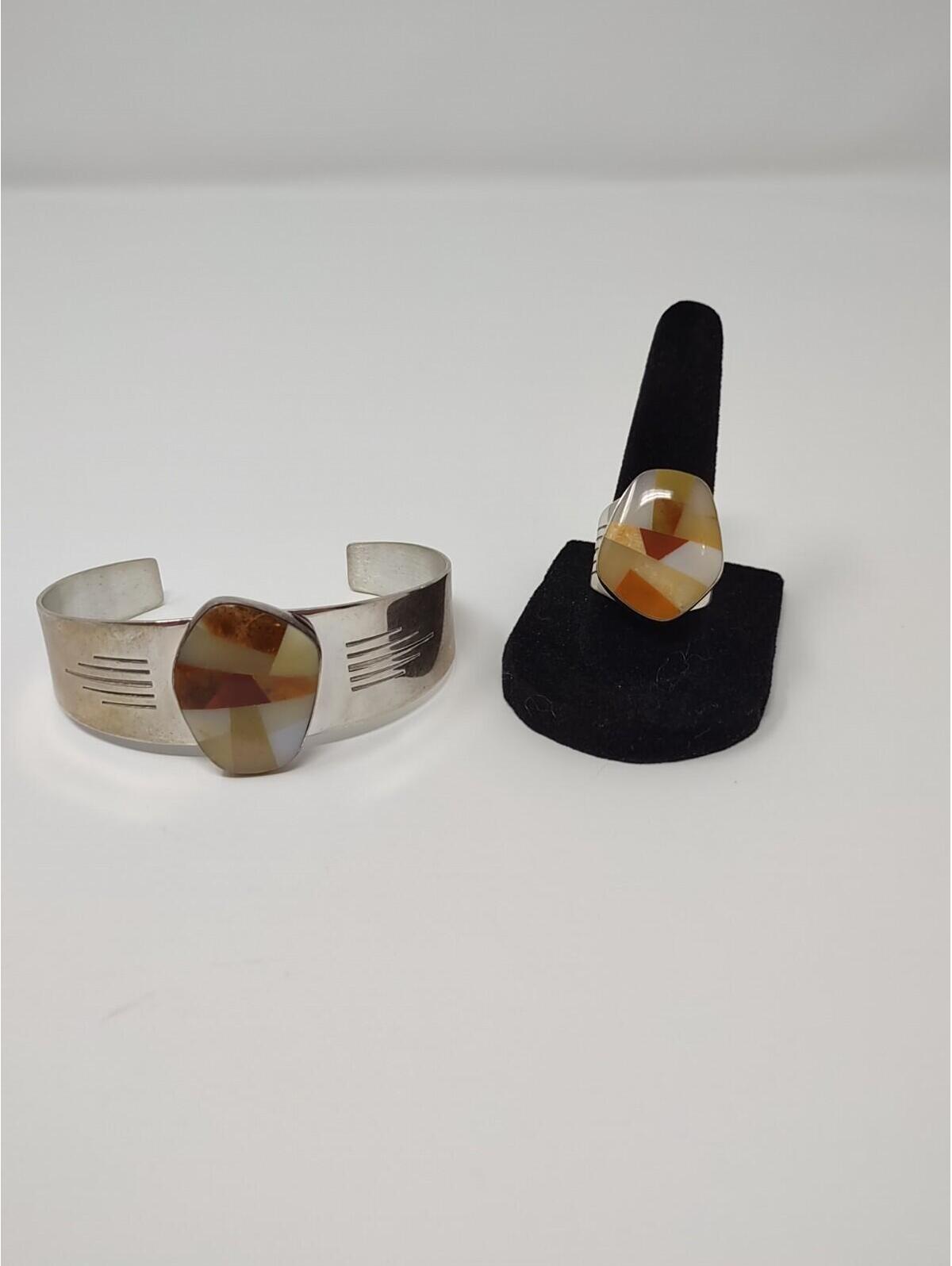Jay King Dtr 925 Desert Sunset Inlay Cuff Ring Set Sz 8